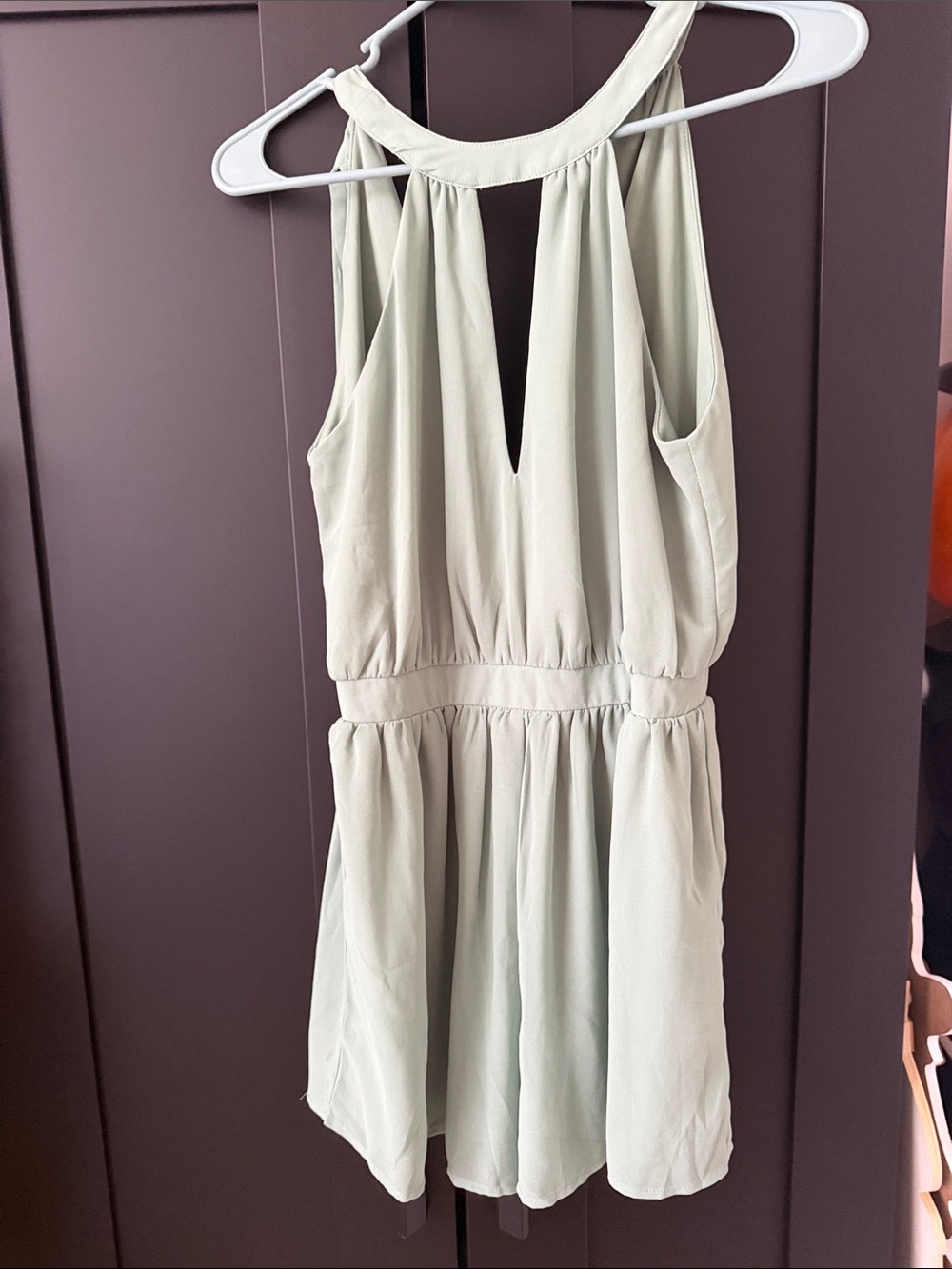 Sleeveless Light Sage Halter romper with Keyhole Front
